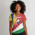 Seychelles Christmas Women V-Neck T-Shirt Flag Colors Tropical Bird Motif and National Coat of Arms - African Pride