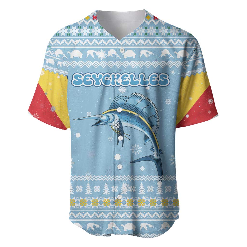 Seychelles Christmas Baseball Jersey Ocean Blue Marlin Fish Artwork and Surfing Santa Motif - African Pride