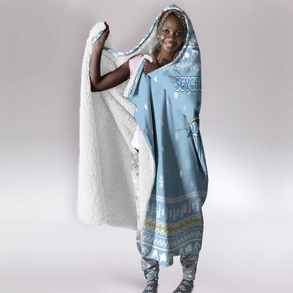 Seychelles Christmas Hooded Blanket Ocean Blue Marlin Fish Artwork and Surfing Santa Motif - African Pride