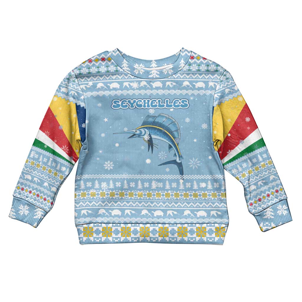 Seychelles Christmas Kid Ugly Christmas Sweater Ocean Blue Marlin Fish Artwork and Surfing Santa Motif - African Pride