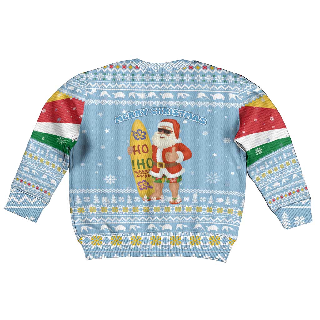 Seychelles Christmas Kid Ugly Christmas Sweater Ocean Blue Marlin Fish Artwork and Surfing Santa Motif - African Pride
