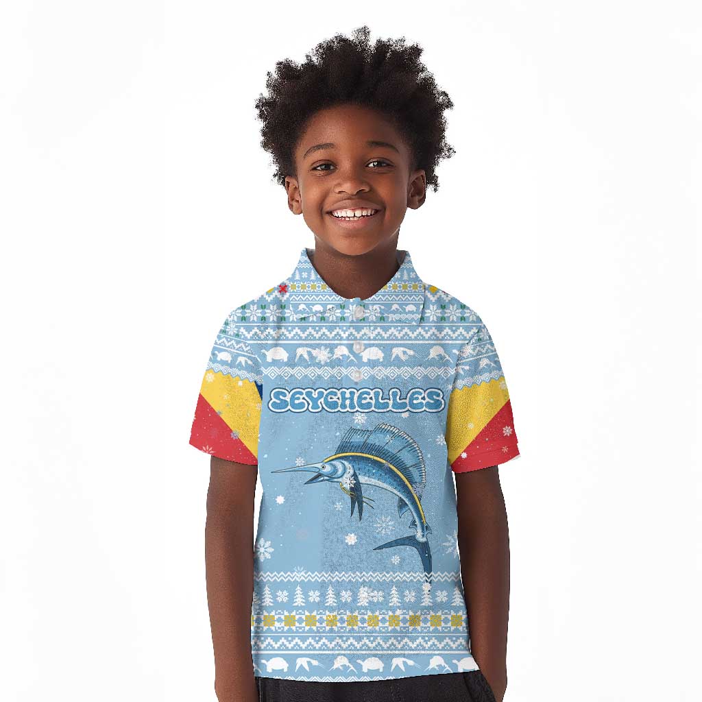 Seychelles Christmas Kid Polo Shirt Ocean Blue Marlin Fish Artwork and Surfing Santa Motif - African Pride