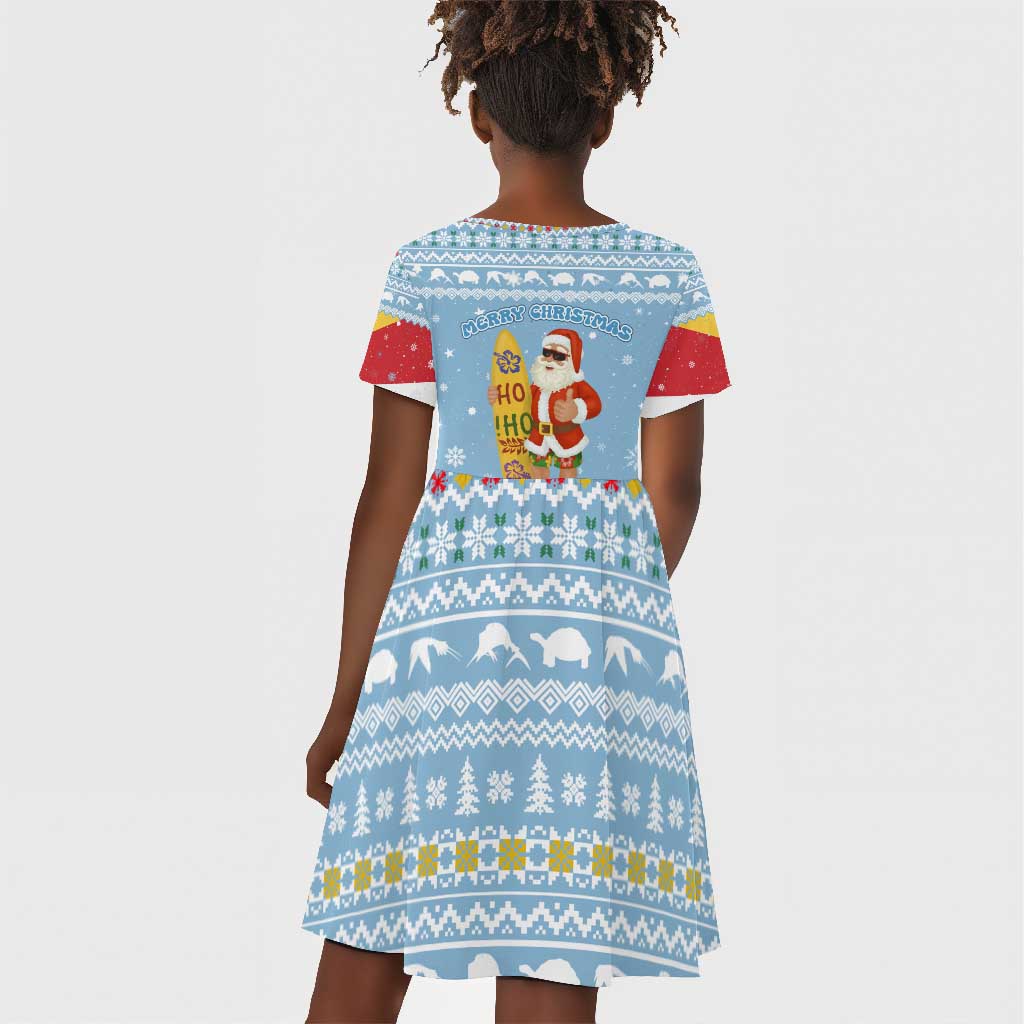 Seychelles Christmas Kid Short Sleeve Dress Ocean Blue Marlin Fish Artwork and Surfing Santa Motif - African Pride
