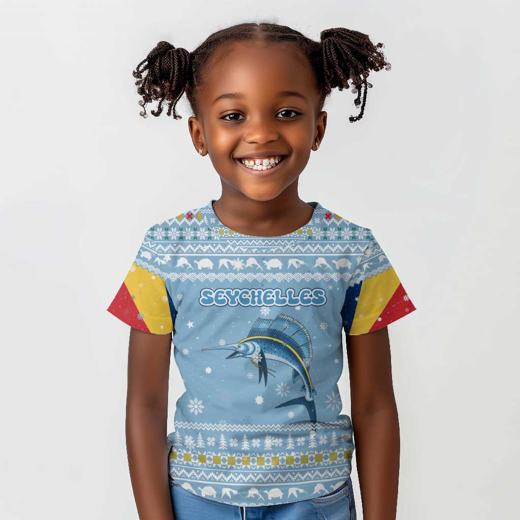 Seychelles Christmas Kid T shirt Ocean Blue Marlin Fish Artwork and Surfing Santa Motif - African Pride