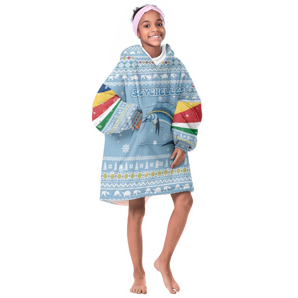 Seychelles Christmas Kid Wearable Blanket Hoodie Ocean Blue Marlin Fish Artwork and Surfing Santa Motif - African Pride