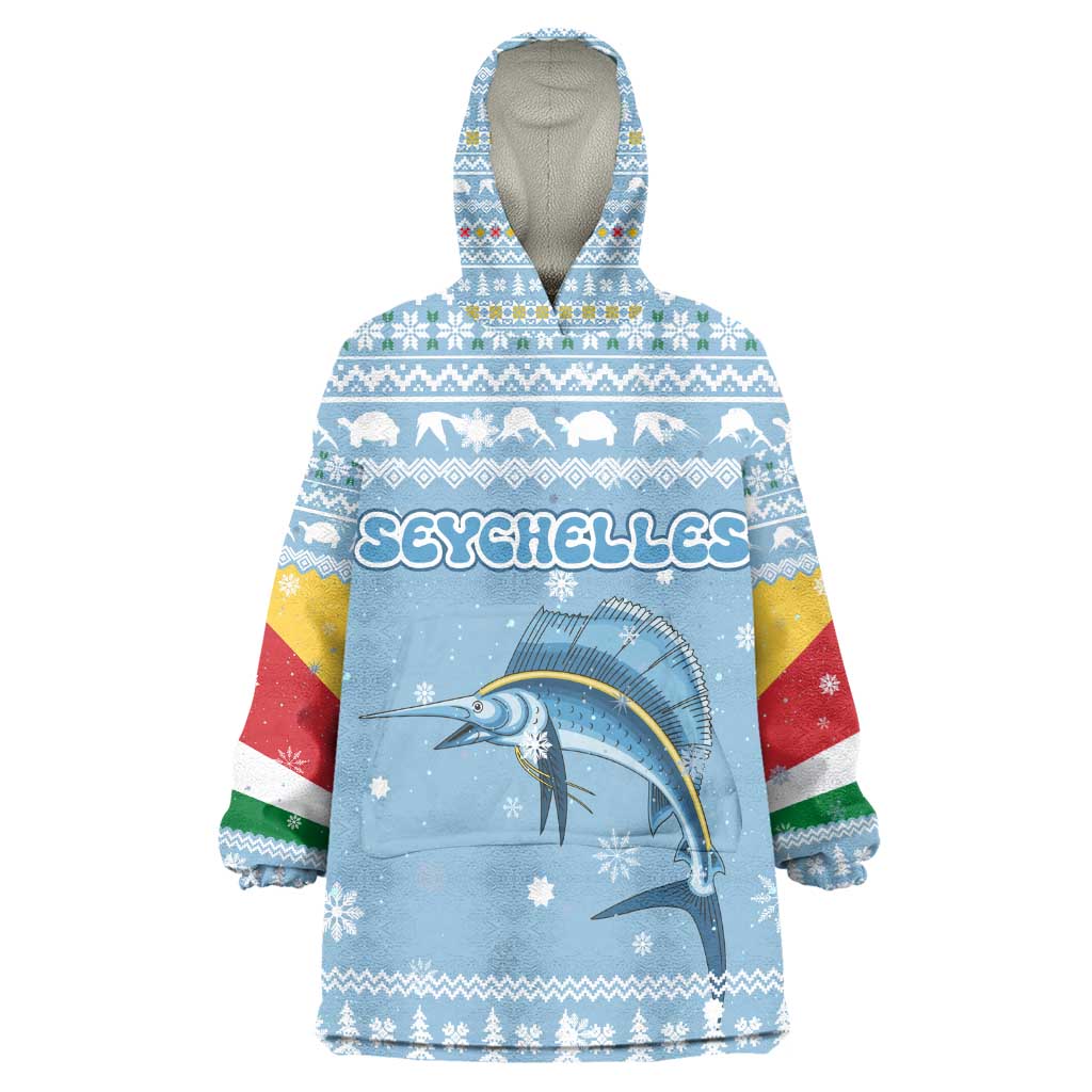 Seychelles Christmas Kid Wearable Blanket Hoodie Ocean Blue Marlin Fish Artwork and Surfing Santa Motif - African Pride