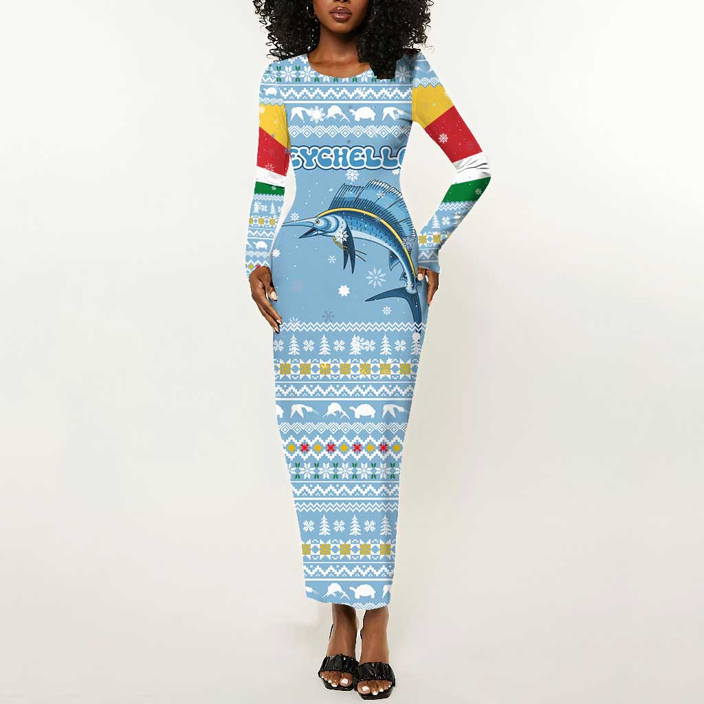 Seychelles Christmas Long Sleeve Bodycon Dress Ocean Blue Marlin Fish Artwork and Surfing Santa Motif - African Pride