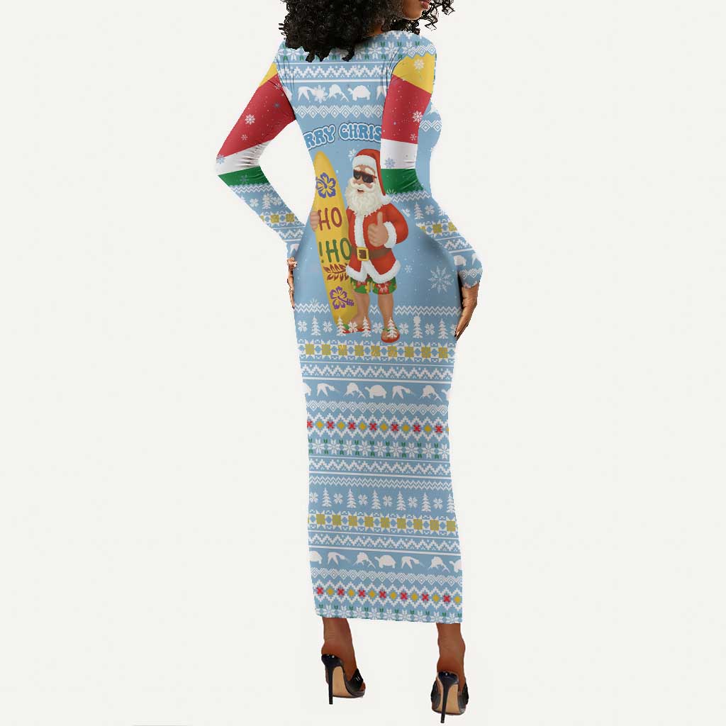 Seychelles Christmas Long Sleeve Bodycon Dress Ocean Blue Marlin Fish Artwork and Surfing Santa Motif - African Pride