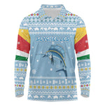 Seychelles Christmas Long Sleeve Polo Shirt Ocean Blue Marlin Fish Artwork and Surfing Santa Motif - African Pride