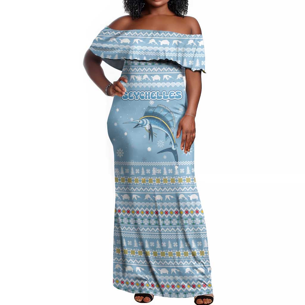 Seychelles Christmas Off Shoulder Maxi Dress Ocean Blue Marlin Fish Artwork and Surfing Santa Motif - African Pride
