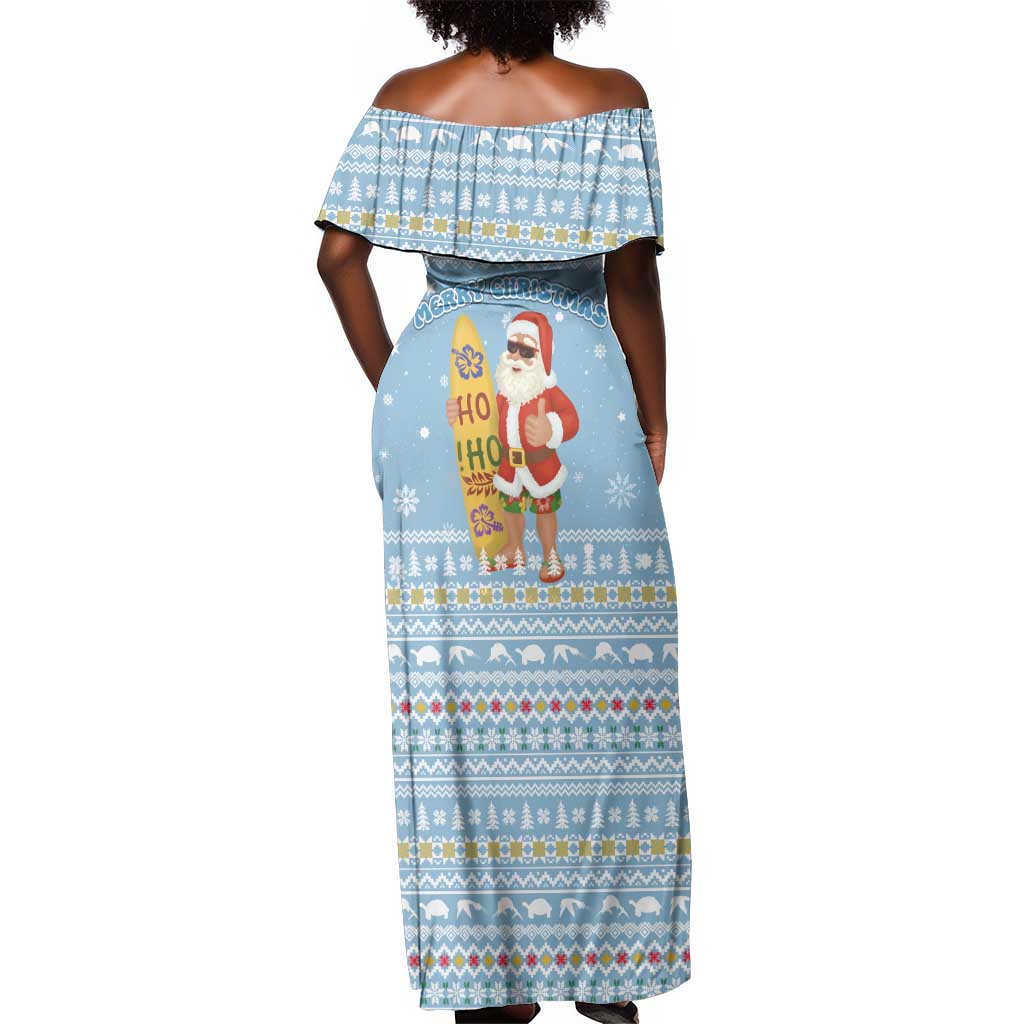 Seychelles Christmas Off Shoulder Maxi Dress Ocean Blue Marlin Fish Artwork and Surfing Santa Motif - African Pride