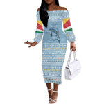 Seychelles Christmas Off The Shoulder Long Sleeve Dress Ocean Blue Marlin Fish Artwork and Surfing Santa Motif - African Pride