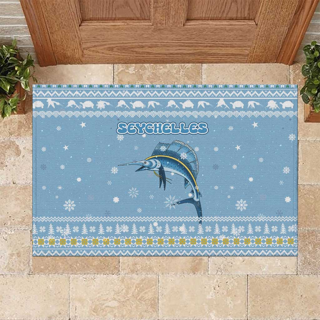 Seychelles Christmas Rubber Doormat Ocean Blue Marlin Fish Artwork and Surfing Santa Motif - African Pride