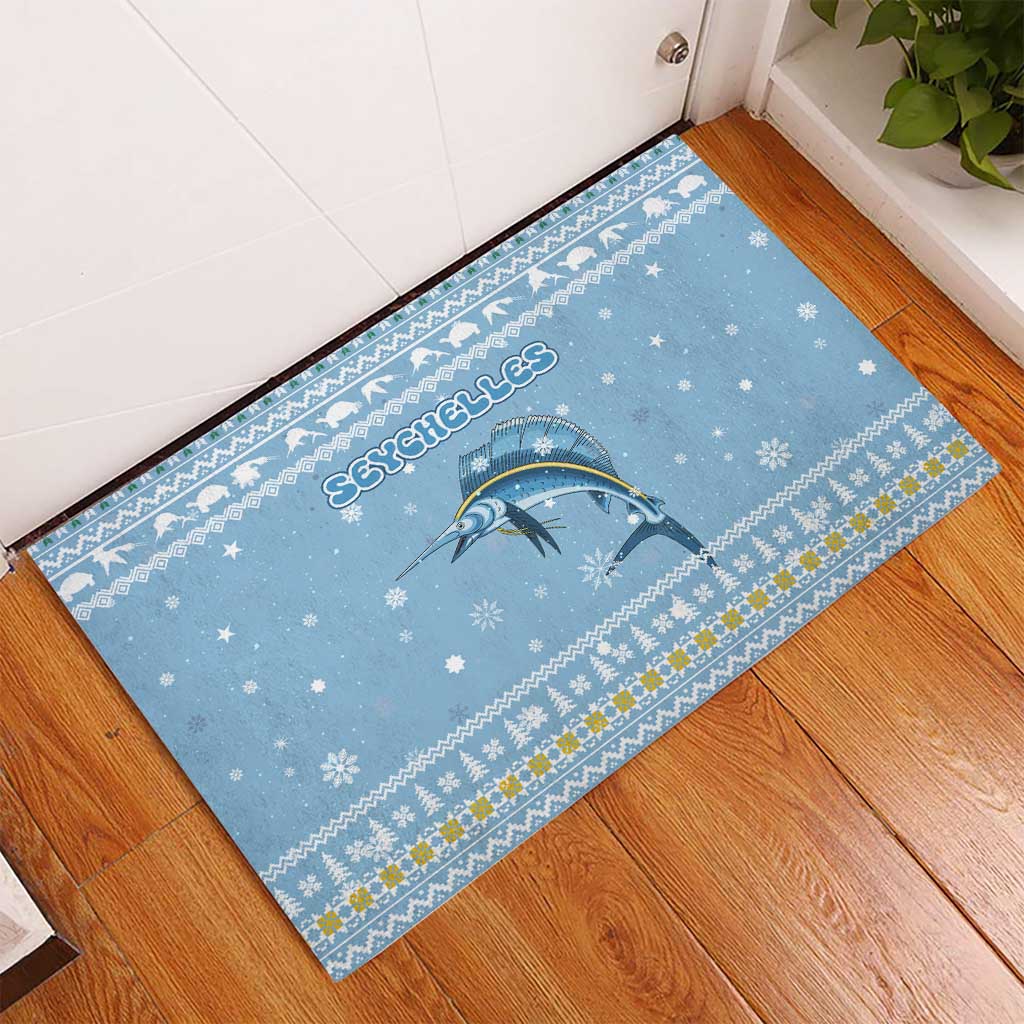 Seychelles Christmas Rubber Doormat Ocean Blue Marlin Fish Artwork and Surfing Santa Motif - African Pride