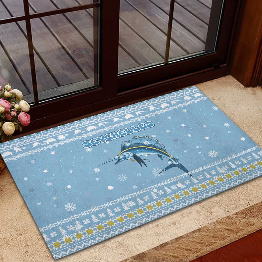 Seychelles Christmas Rubber Doormat Ocean Blue Marlin Fish Artwork and Surfing Santa Motif - African Pride