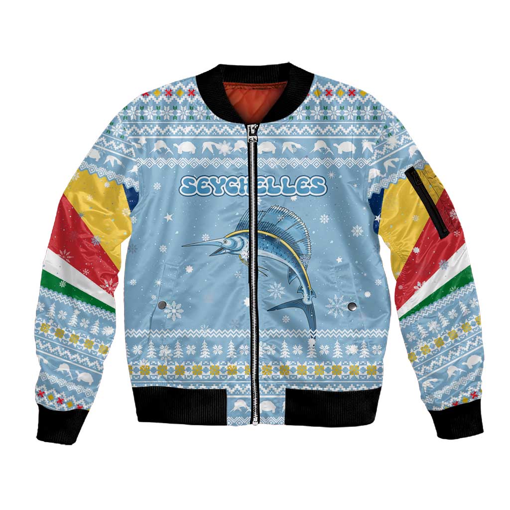 Seychelles Christmas Sleeve Zip Bomber Jacket Ocean Blue Marlin Fish Artwork and Surfing Santa Motif - African Pride