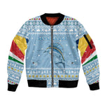Seychelles Christmas Sleeve Zip Bomber Jacket Ocean Blue Marlin Fish Artwork and Surfing Santa Motif - African Pride