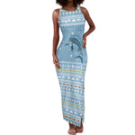 Seychelles Christmas Tank Maxi Dress Ocean Blue Marlin Fish Artwork and Surfing Santa Motif - African Pride