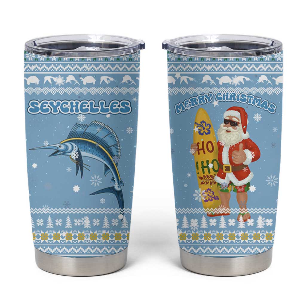 Seychelles Christmas Tumbler Cup Ocean Blue Marlin Fish Artwork and Surfing Santa Motif - African Pride