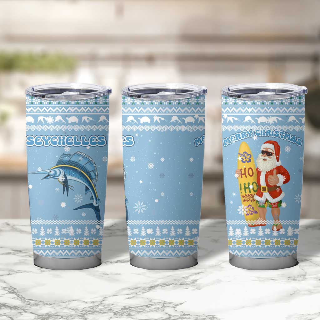 Seychelles Christmas Tumbler Cup Ocean Blue Marlin Fish Artwork and Surfing Santa Motif - African Pride