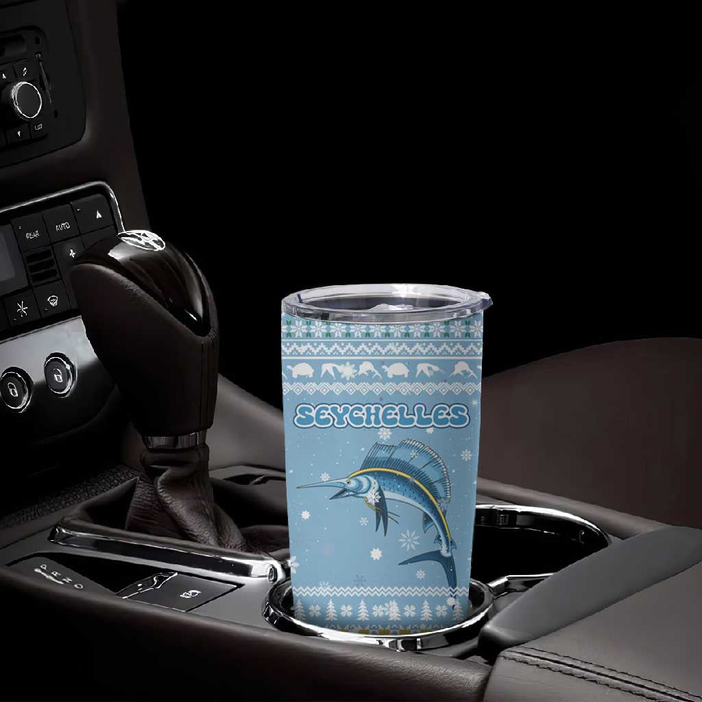 Seychelles Christmas Tumbler Cup Ocean Blue Marlin Fish Artwork and Surfing Santa Motif - African Pride