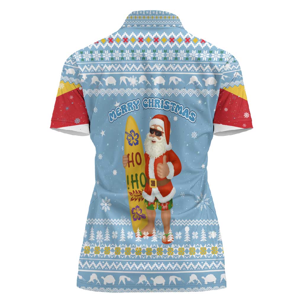 Seychelles Christmas Women Polo Shirt Ocean Blue Marlin Fish Artwork and Surfing Santa Motif - African Pride