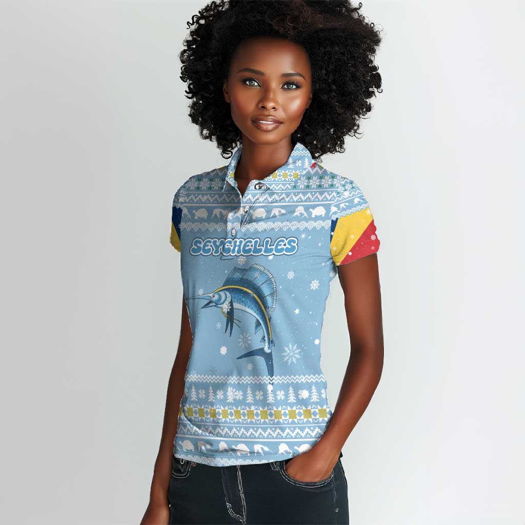Seychelles Christmas Women Polo Shirt Ocean Blue Marlin Fish Artwork and Surfing Santa Motif - African Pride