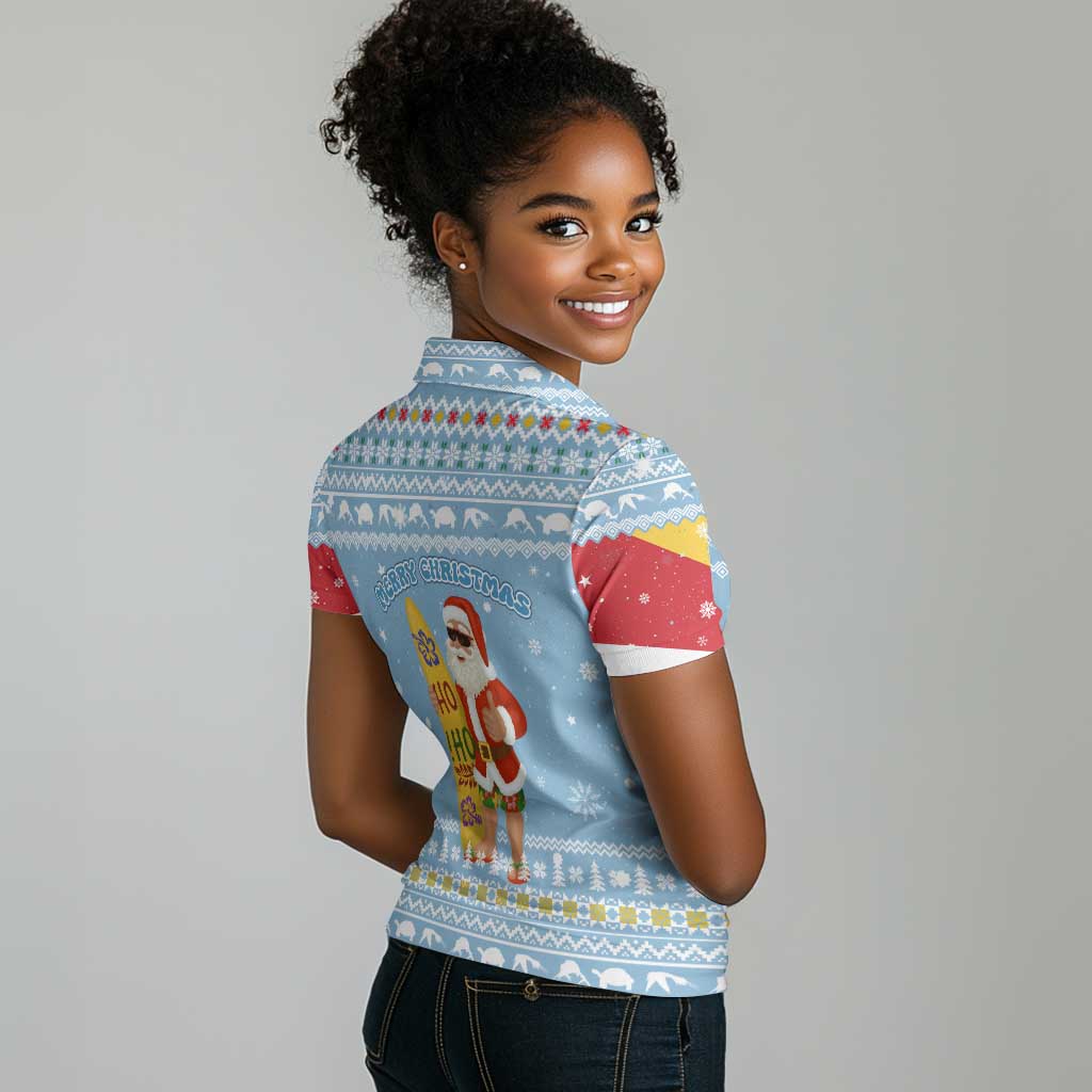 Seychelles Christmas Women Polo Shirt Ocean Blue Marlin Fish Artwork and Surfing Santa Motif - African Pride