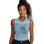Seychelles Christmas Women Sleeveless Polo Shirt Ocean Blue Marlin Fish Artwork and Surfing Santa Motif - African Pride