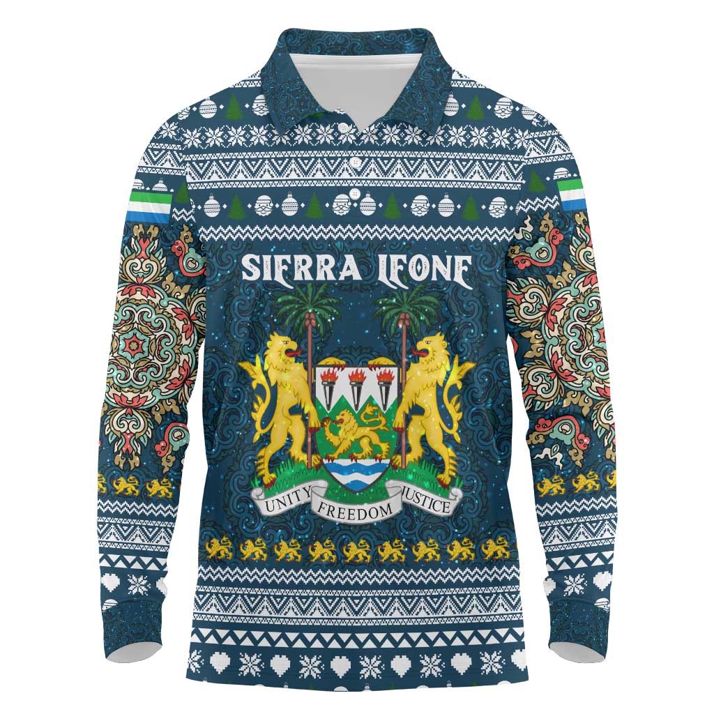 Sierra Leone Christmas Long Sleeve Polo Shirt Ornamental Coat of Arms and Festive Motif - African Pride