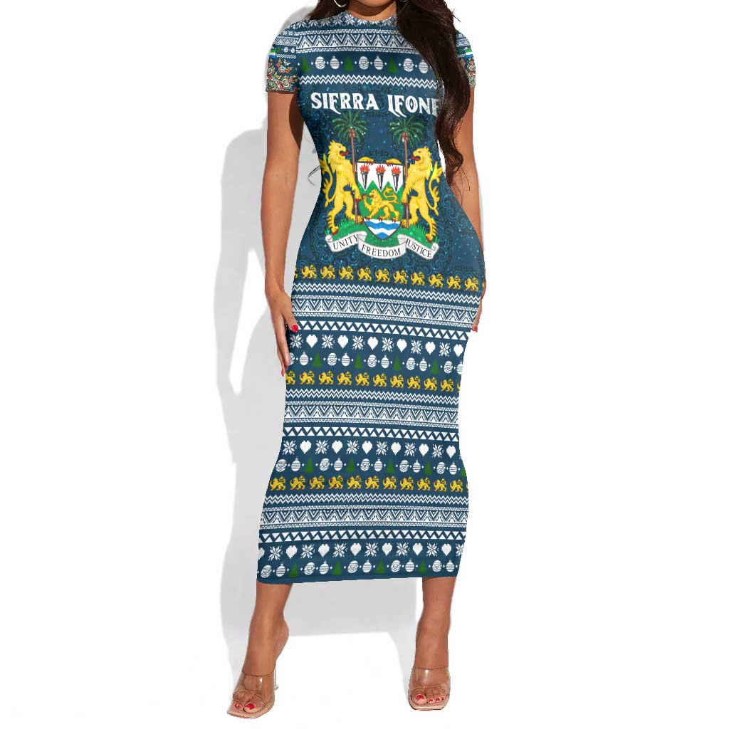 Sierra Leone Christmas Short Sleeve Bodycon Dress Ornamental Coat of Arms and Festive Motif - African Pride