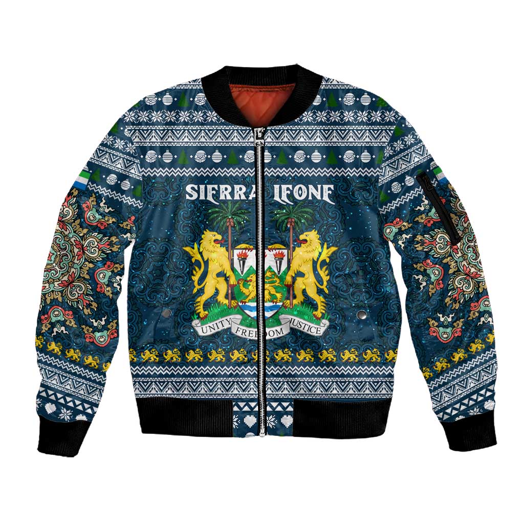 Sierra Leone Christmas Sleeve Zip Bomber Jacket Ornamental Coat of Arms and Festive Motif - African Pride