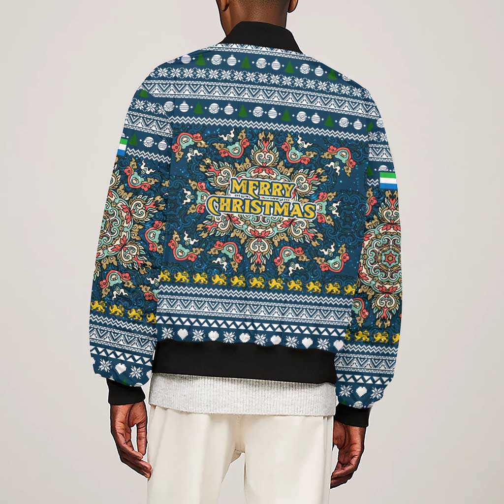 Sierra Leone Christmas Sleeve Zip Bomber Jacket Ornamental Coat of Arms and Festive Motif - African Pride
