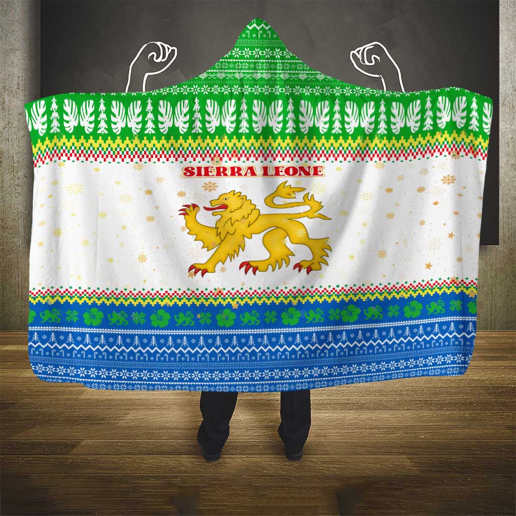 Sierra Leone Christmas Hooded Blanket Festive Pattern Golden Lion Emblem and Santa Sleigh - African Pride
