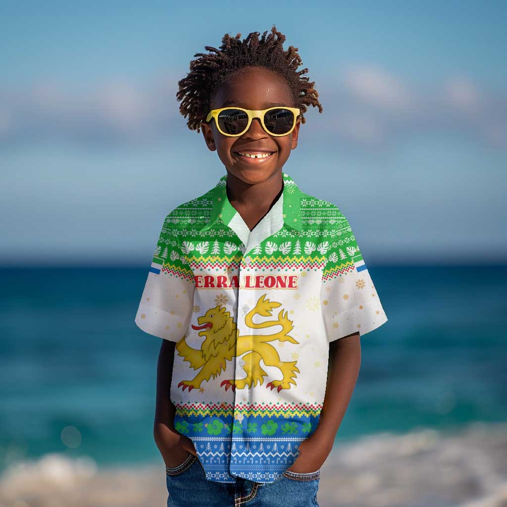 Sierra Leone Christmas Kid Hawaiian Shirt Festive Pattern Golden Lion Emblem and Santa Sleigh - African Pride