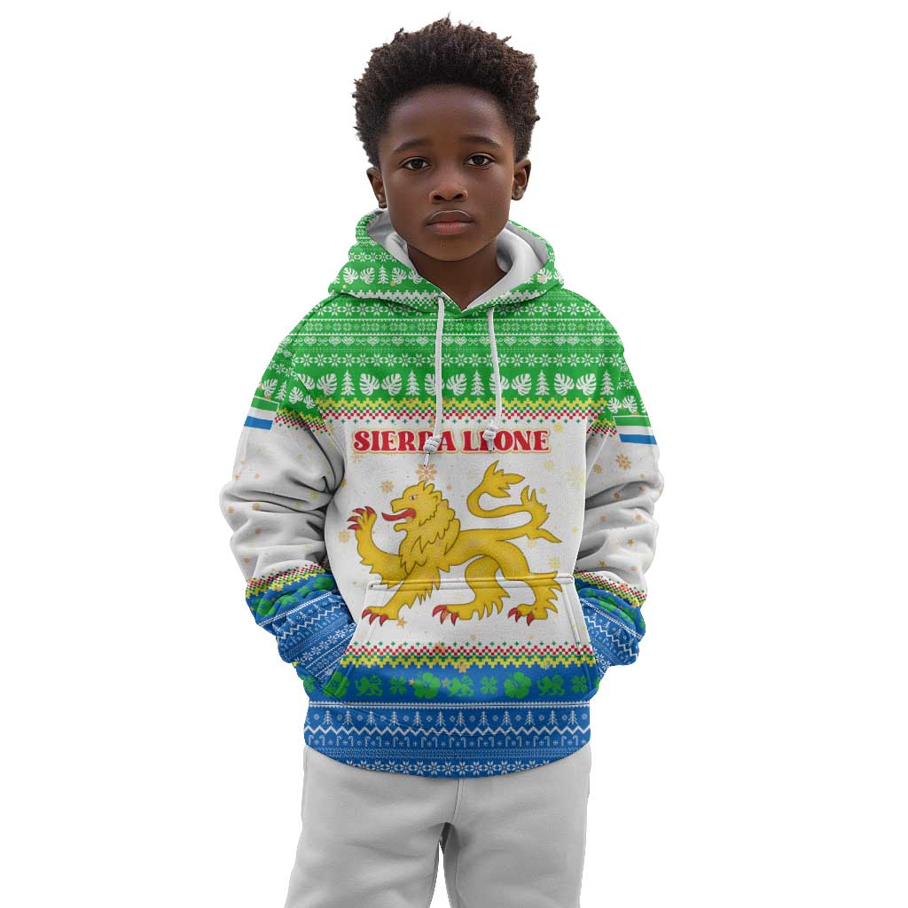 Sierra Leone Christmas Kid Hoodie Festive Pattern Golden Lion Emblem and Santa Sleigh - African Pride