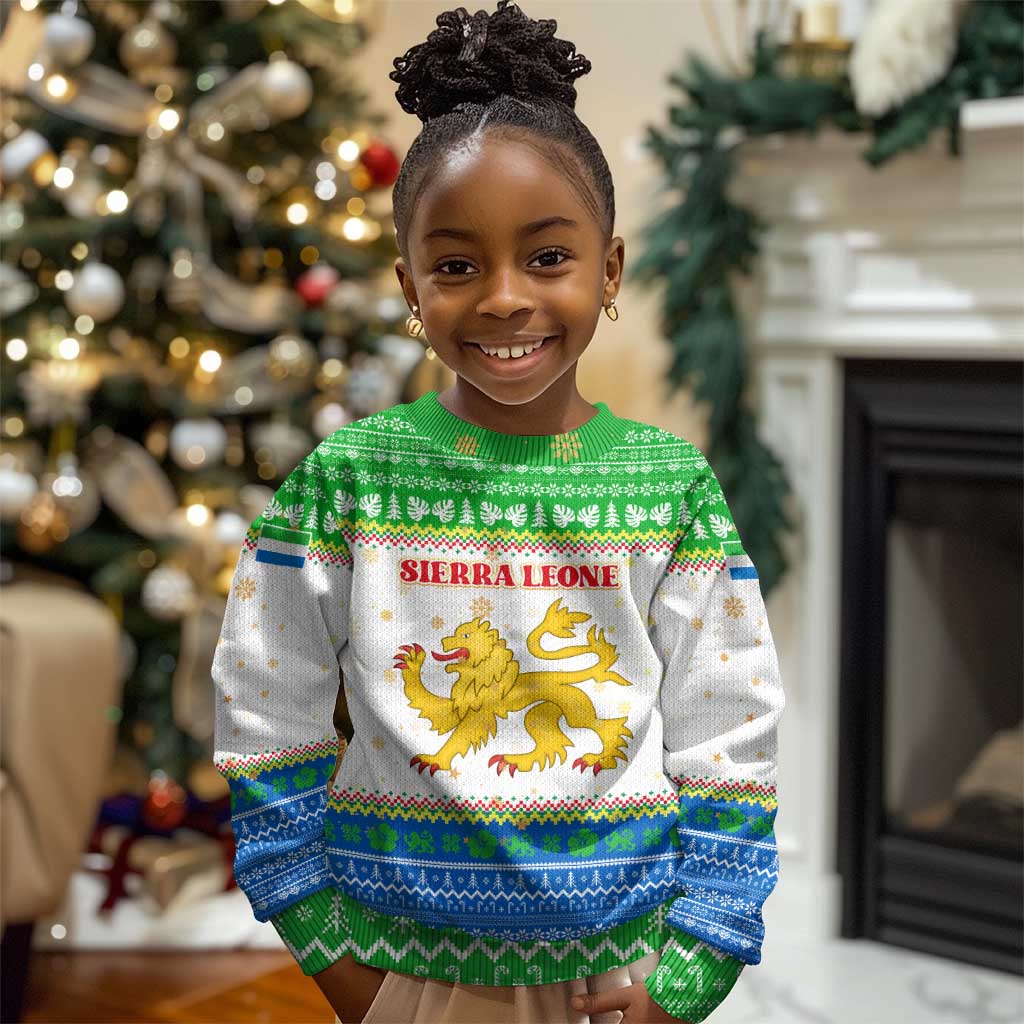 Sierra Leone Christmas Kid Ugly Christmas Sweater Festive Pattern Golden Lion Emblem and Santa Sleigh - African Pride