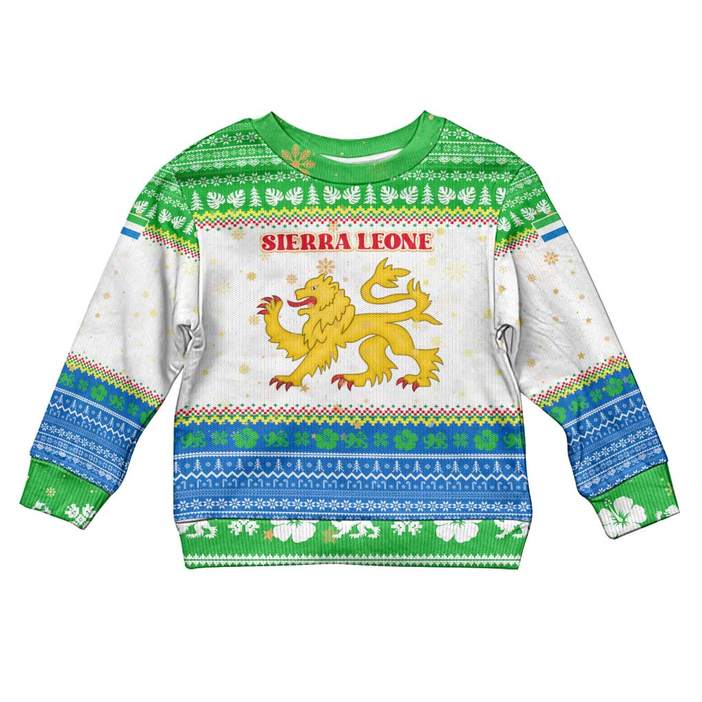 Sierra Leone Christmas Kid Ugly Christmas Sweater Festive Pattern Golden Lion Emblem and Santa Sleigh - African Pride