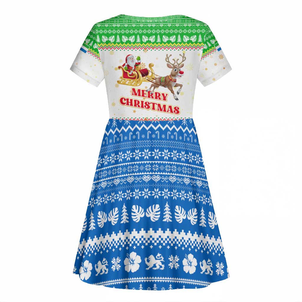Sierra Leone Christmas Kid Short Sleeve Dress Festive Pattern Golden Lion Emblem and Santa Sleigh - African Pride