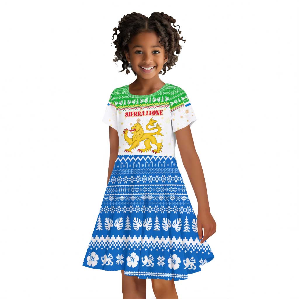 Sierra Leone Christmas Kid Short Sleeve Dress Festive Pattern Golden Lion Emblem and Santa Sleigh - African Pride