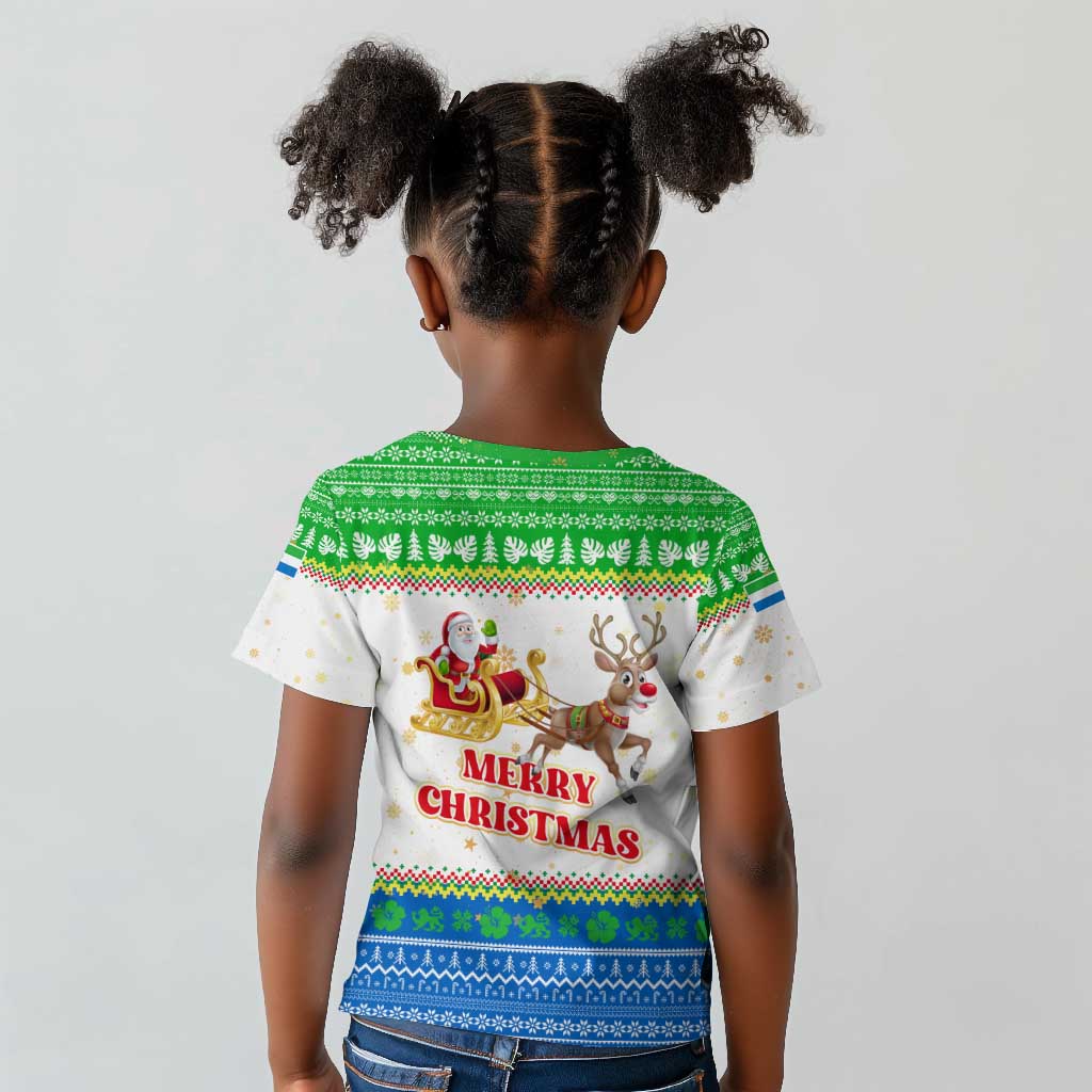 Sierra Leone Christmas Kid T shirt Festive Pattern Golden Lion Emblem and Santa Sleigh - African Pride