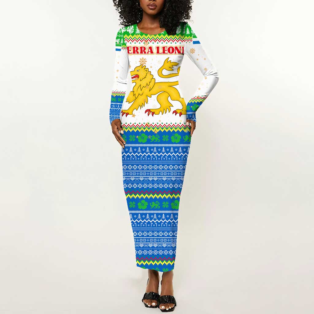 Sierra Leone Christmas Long Sleeve Bodycon Dress Festive Pattern Golden Lion Emblem and Santa Sleigh - African Pride
