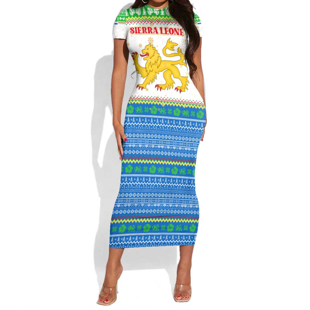 Sierra Leone Christmas Short Sleeve Bodycon Dress Festive Pattern Golden Lion Emblem and Santa Sleigh - African Pride