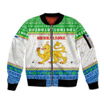 Sierra Leone Christmas Sleeve Zip Bomber Jacket Festive Pattern Golden Lion Emblem and Santa Sleigh - African Pride
