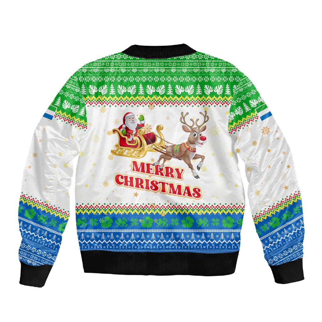 Sierra Leone Christmas Sleeve Zip Bomber Jacket Festive Pattern Golden Lion Emblem and Santa Sleigh - African Pride