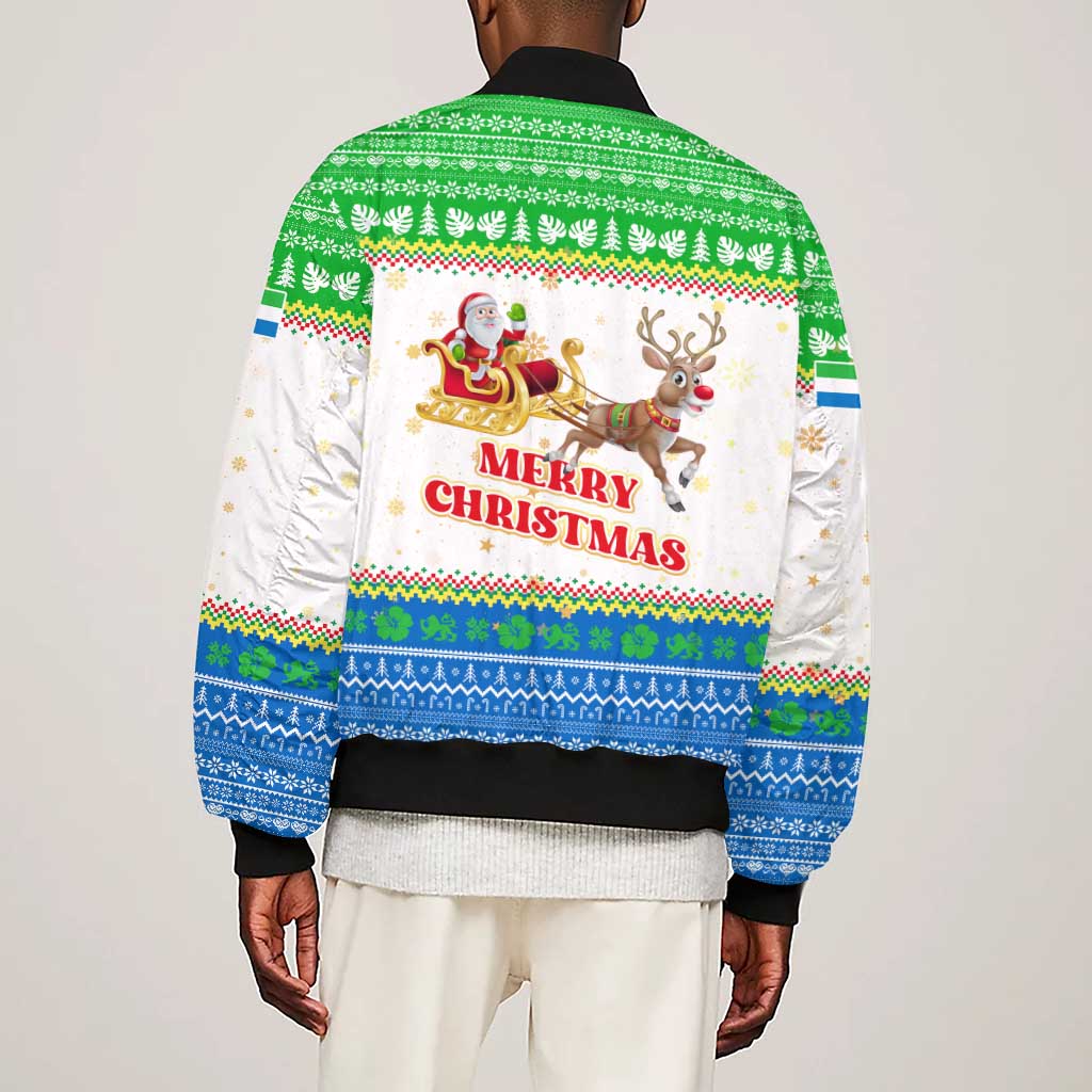 Sierra Leone Christmas Sleeve Zip Bomber Jacket Festive Pattern Golden Lion Emblem and Santa Sleigh - African Pride