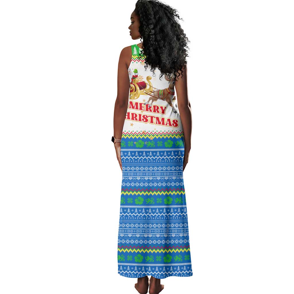Sierra Leone Christmas Tank Maxi Dress Festive Pattern Golden Lion Emblem and Santa Sleigh - African Pride