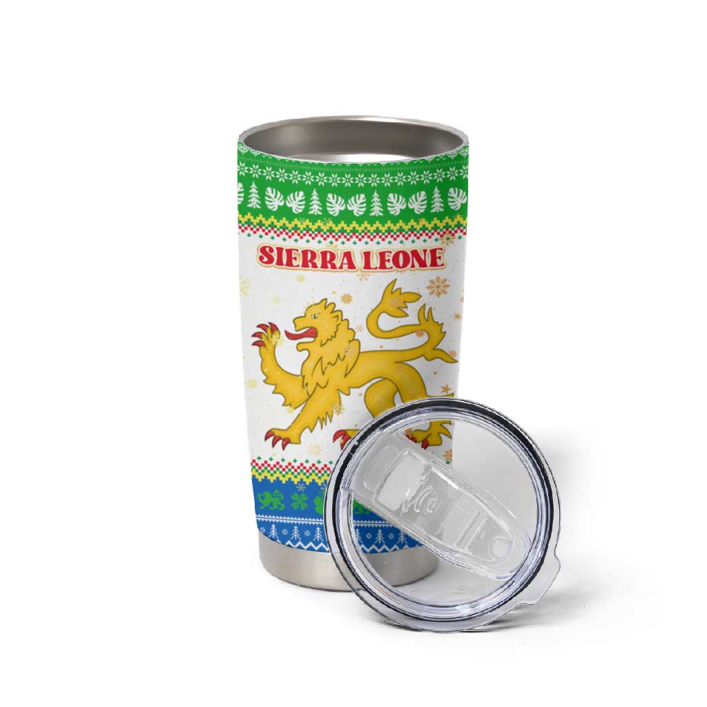 Sierra Leone Christmas Tumbler Cup Festive Pattern Golden Lion Emblem and Santa Sleigh - African Pride