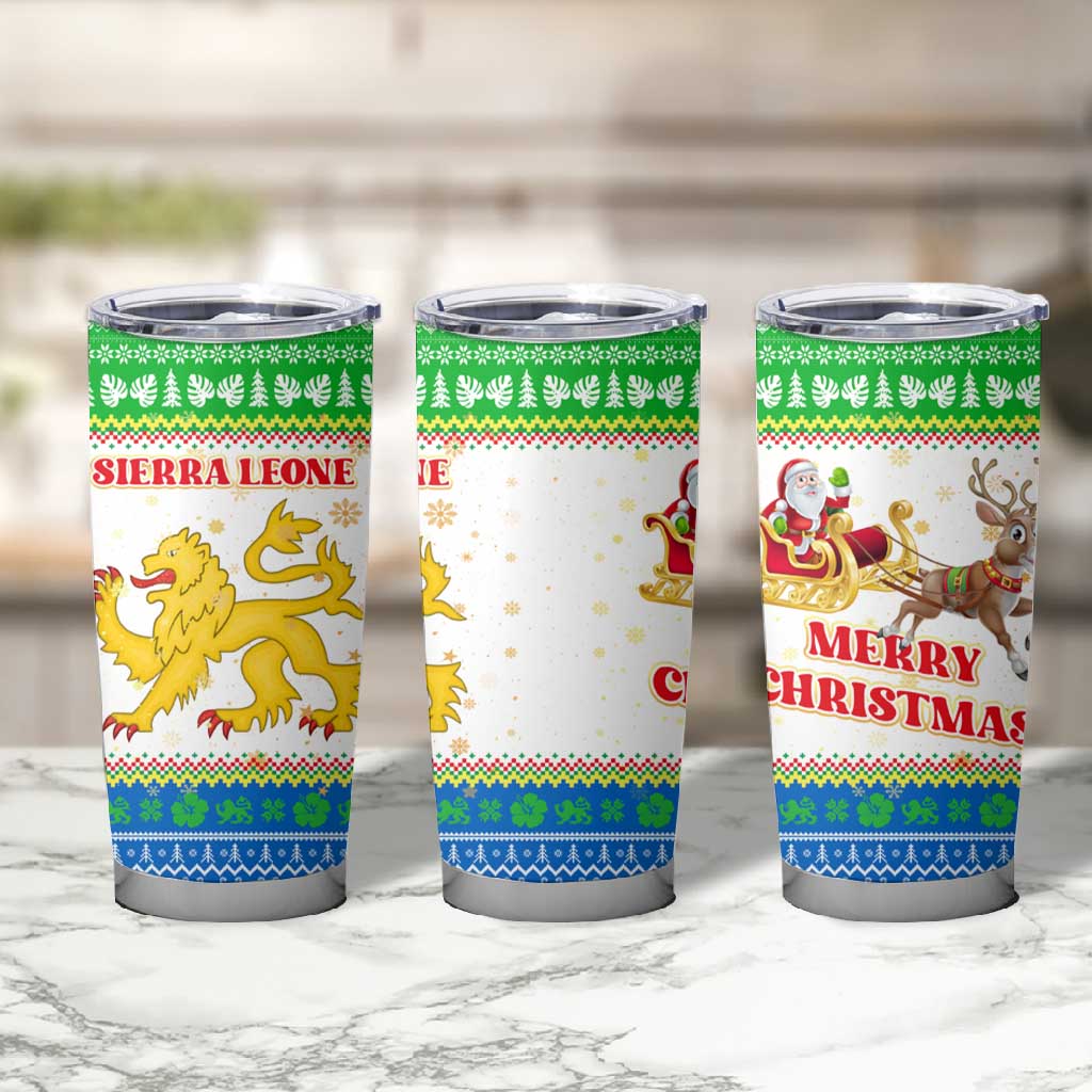 Sierra Leone Christmas Tumbler Cup Festive Pattern Golden Lion Emblem and Santa Sleigh - African Pride