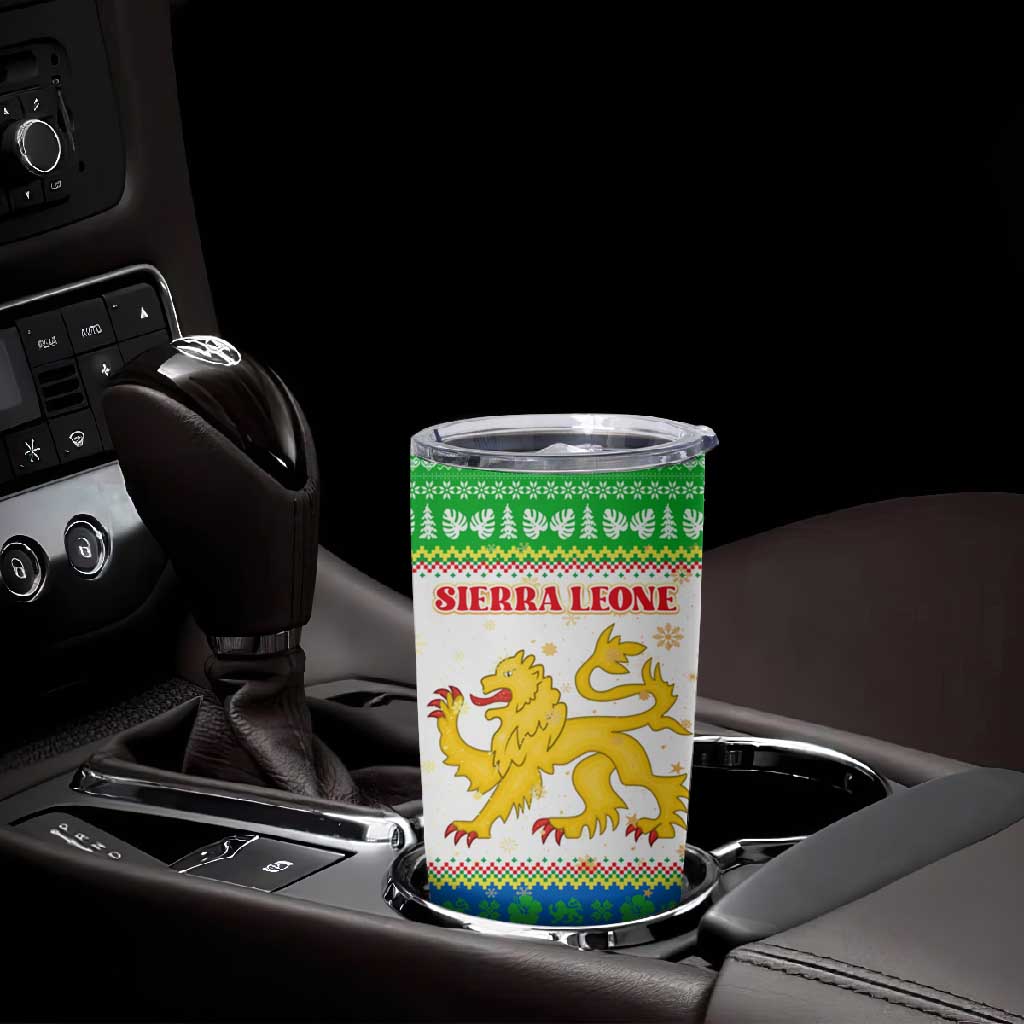 Sierra Leone Christmas Tumbler Cup Festive Pattern Golden Lion Emblem and Santa Sleigh - African Pride